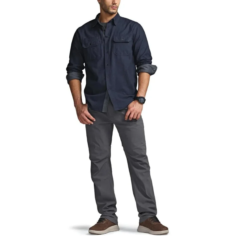 🆕Mens Solid Navy Cotton Flannel Shirt Long Sleeve Casual Outdoor Plaid